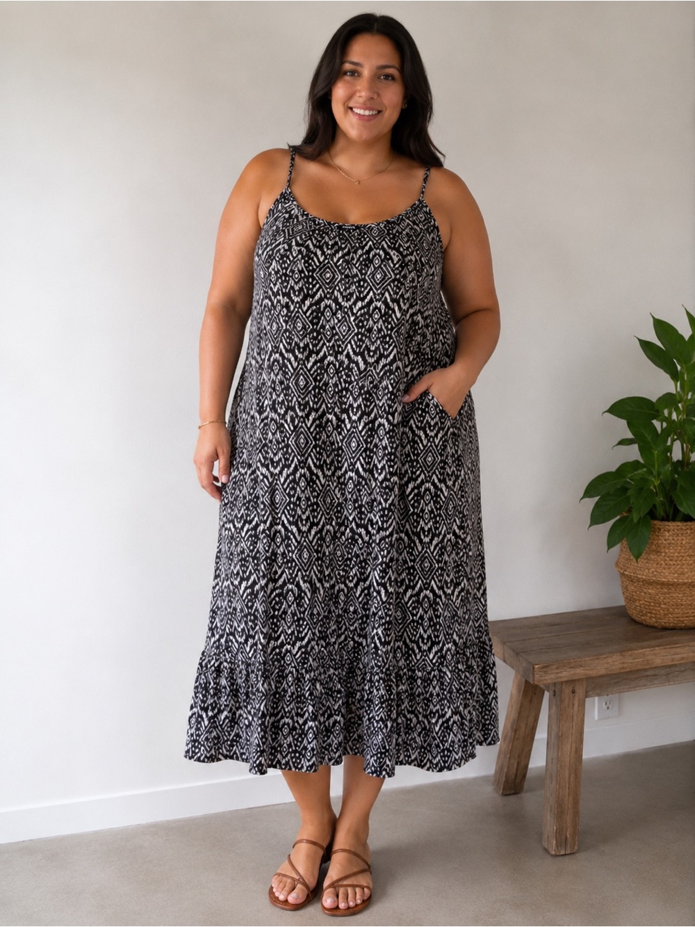 Printed Black and White Midi Spaghetti-Strap Dress